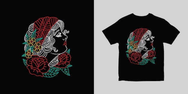 Woman Rose Flower Outline Illustration T shirt Design