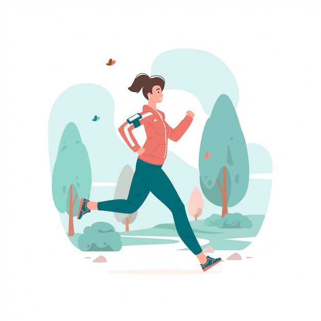 Woman running during fitness training in park  illustration.