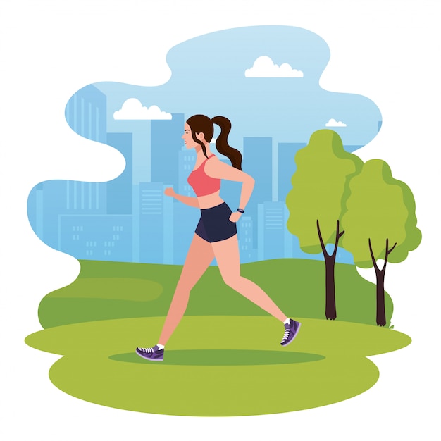 Woman running in park, woman in sportswear jogging outdoor, female athlete in landscape