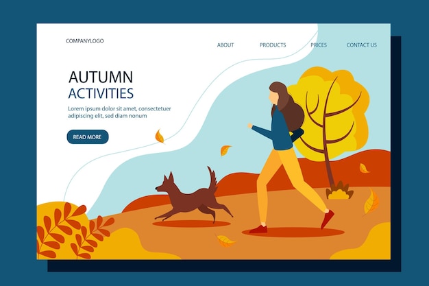 Woman running with the dog in the park. Autumn vector illustration.