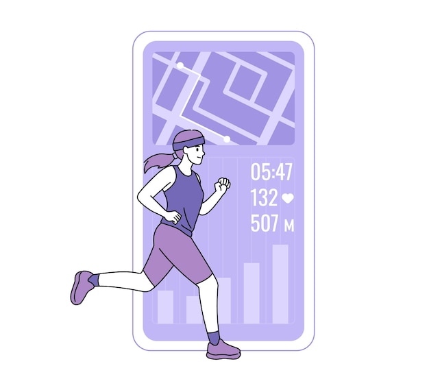 Vector woman running with fitness tracking app