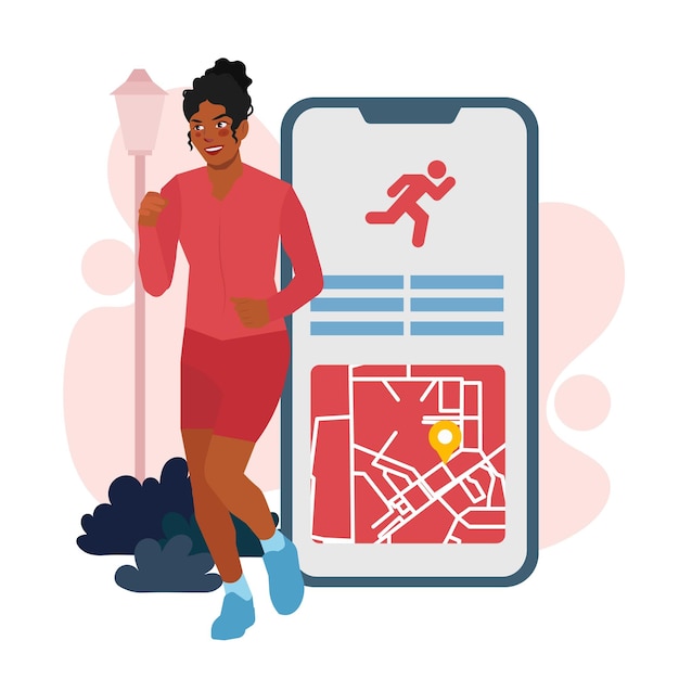 Vector woman running with mobile app healthy lifestyle in flat illustration