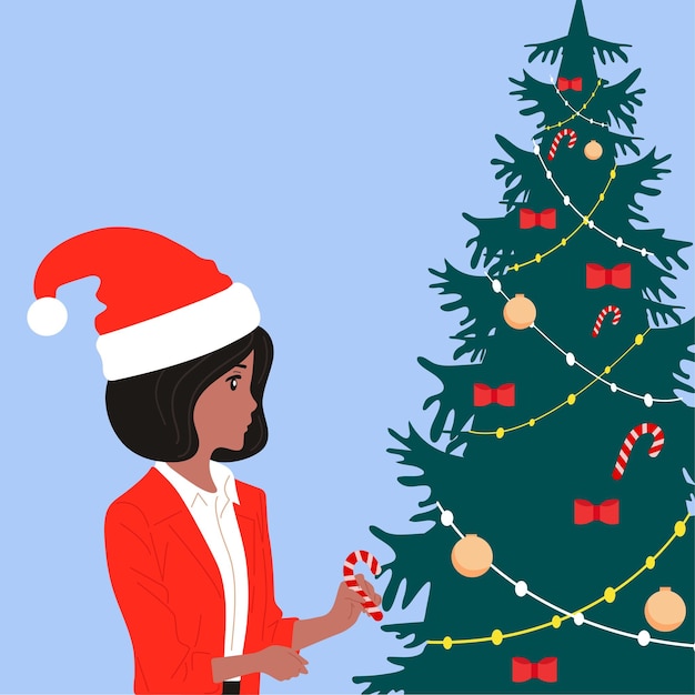 Woman's Christmas happiness Christmas tree gifts Vector illustration