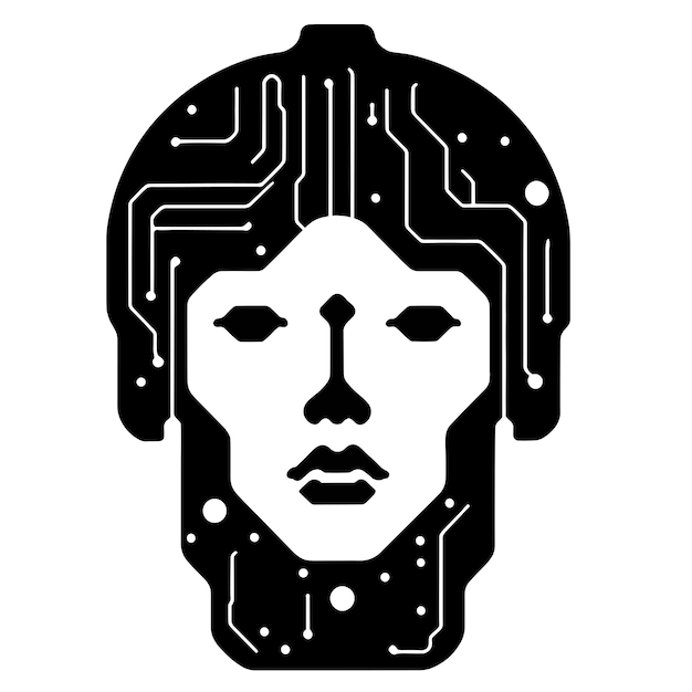 A woman's face with a circuit board in the middle.