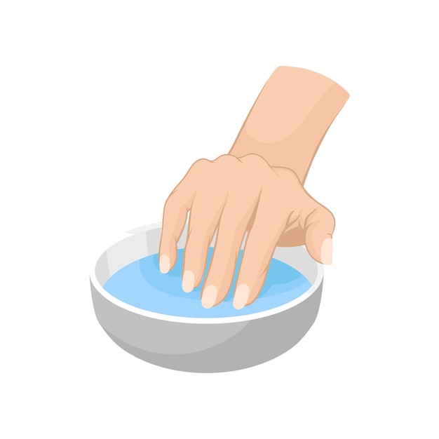 Woman s hand in bowl with water Illustration about professional care for nails Flat vector for advertising poster of spa treatment