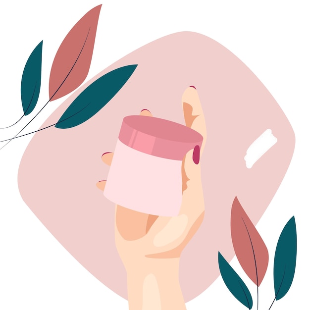 The woman's hand holds the cream against the background with leaves Vector flat pattern