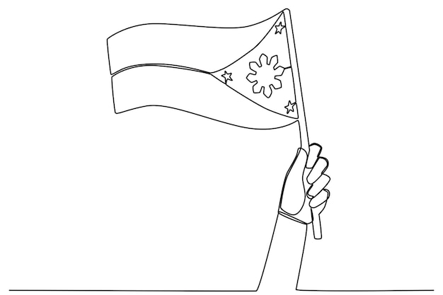 A woman's hand holds the Philippine flag up Philippine independence day oneline drawing