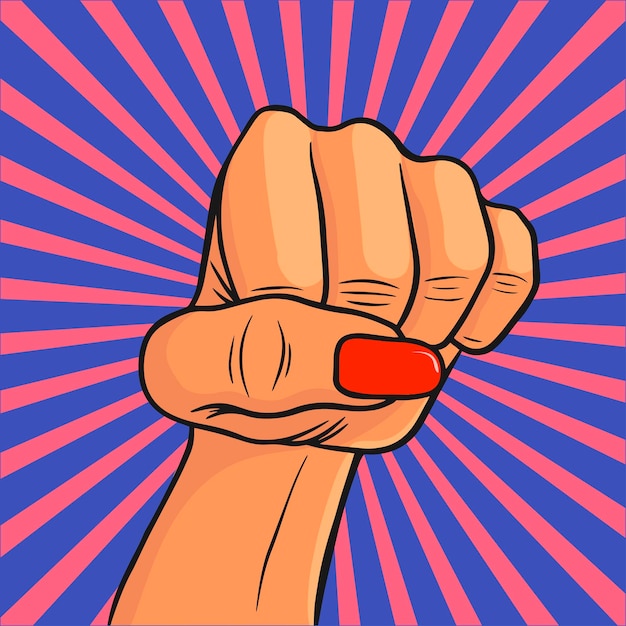 Woman's hand with her fist raised up Girl Power Feminism concept Realistic style vector illustration in pink pastel goth colors Sticker patch graphic design