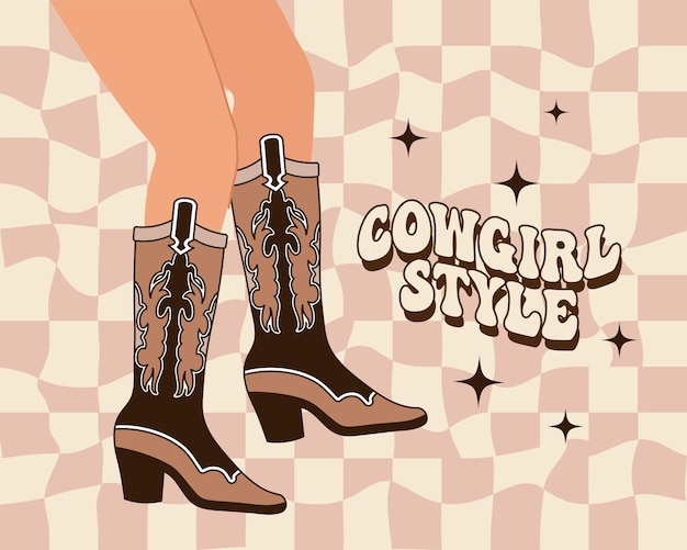 Woman's legs in cowboy boots with an ornament Brown Western Cowgirl style boots and Cowgirl party