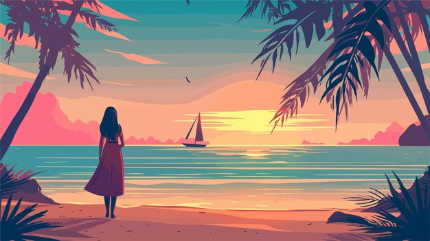 Vector woman on sandy beach at sunset with scenic ocean view