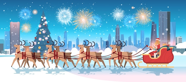 woman in santa claus costume riding sledge with reindeers happy new year merry christmas holiday celebration concept fireworks in sky cityscape background horizontal vector illustration