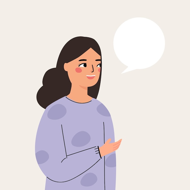 Woman saying explaining something with speech bubble cartoon illustration