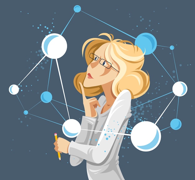 Woman scientist discovering micro elements such as molecules or atoms vector conceptual illustration, neuroscience allegory, laboratory research.