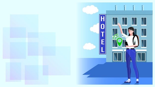 Woman searches hotel using navigator on smartphone flat cartoon