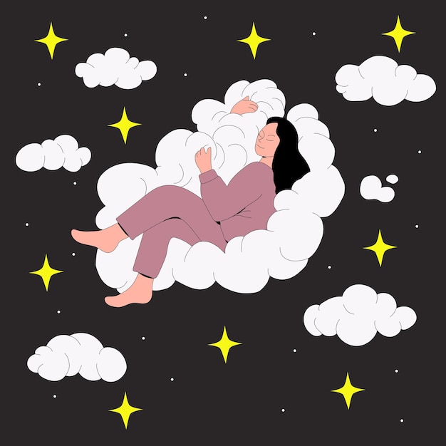 woman seeping on a cloudhealthy sleep concept in flat style