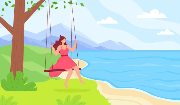 Woman on seesaw Happy lady with long hair leaving city for enjoying swings in naturally park slow life time carefree being holidays love freedom vector illustration of swing by young girl cartoon