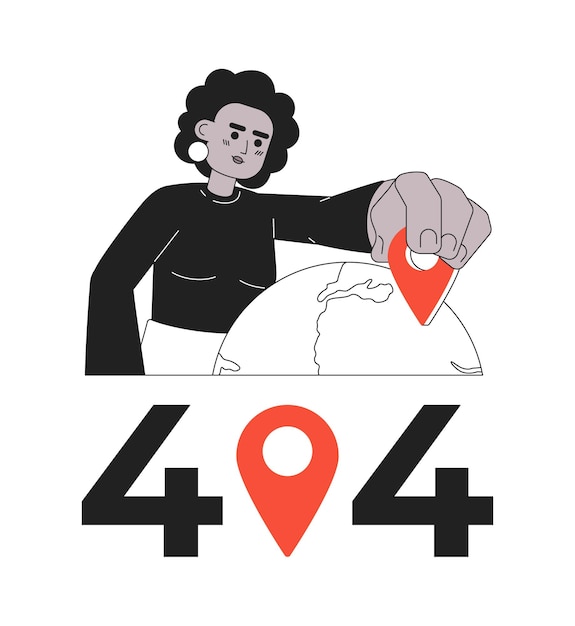 Woman selecting place on globe black white error 404 flash message Gps navigator on map Monochrome empty state ui design Page not found popup cartoon image Vector flat outline illustration concept