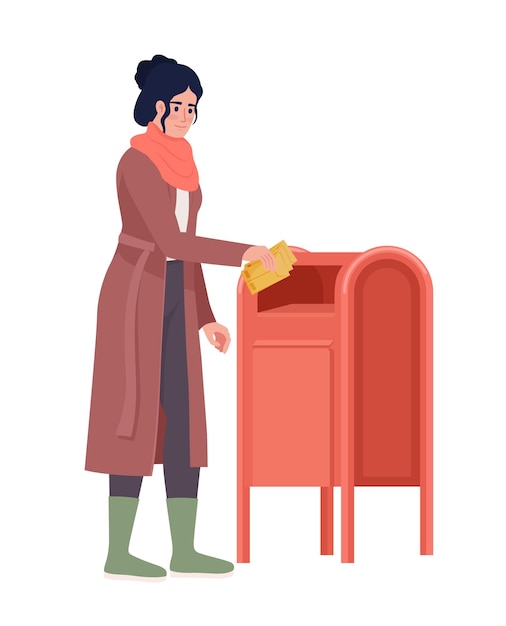 Woman sends letters by mail semi flat color vector character