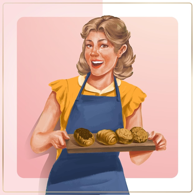 Woman Serves Bread - Vintage Illustration