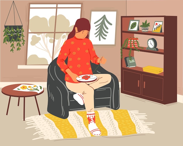 Woman sewing Girl with embroidery hoop and needle Young female sitting in armchair Room interior Handmade textile decoration Hobby or leisure pastime Vector needlework illustration