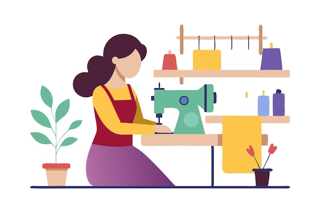 Vector woman sewing with a sewing machine in a colorful home workspace illustration