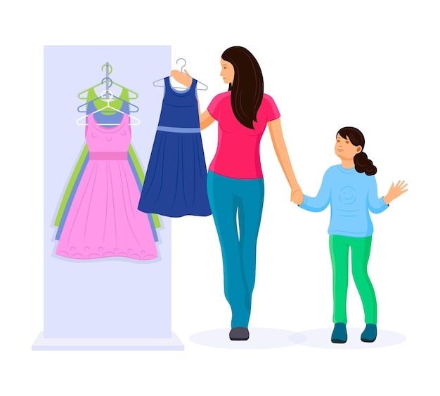 Woman shopping in a clothing store Mom with little daughter choosing and trying on dress clothes