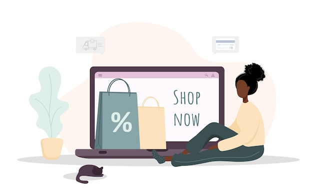 Woman shopping. Happy african girl shop at an online store.  cartoon illustration isolated