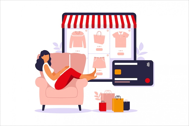 Woman shopping online on laptop. illustration. Online store payment. Bank credit cards. Digital pay technology. E-paying. Flat style modern illustration.