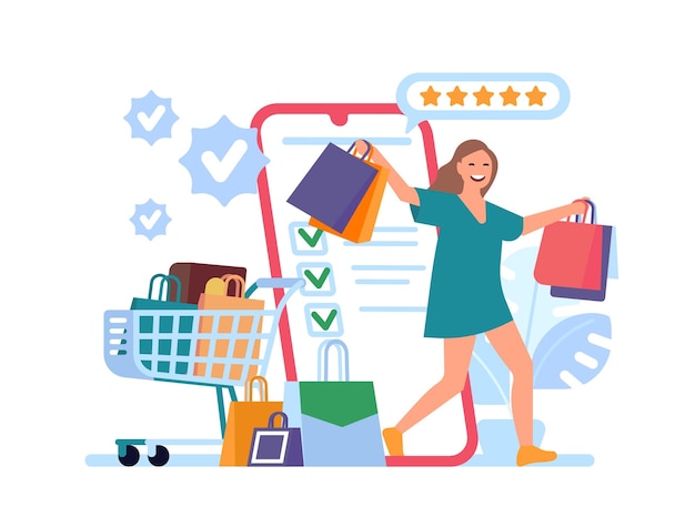 Woman shopping online Mobile application Person buying clothes over phone Smartphone screen Customer making purchases Happy buyer with store bags Internet shop app Vector concept