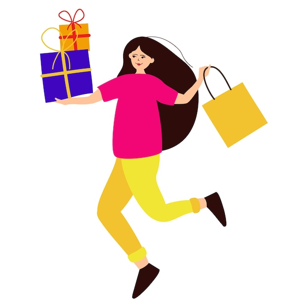 Woman on a shopping trip with a shopping bag and gifts Vector illustration