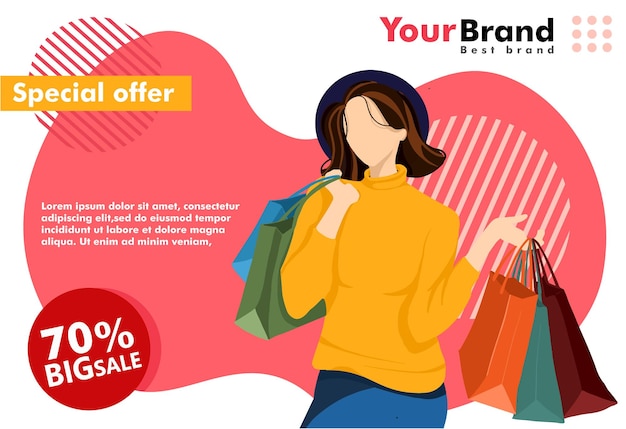 woman shopping vector template for sale promotion banner