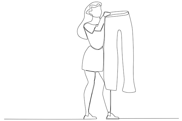 A woman in a short skirt buying long pants one line art