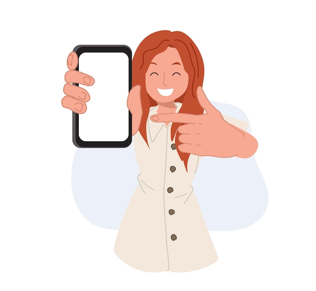 Woman showing blank smartphone screen and pointing on it cartoon vector illustrations