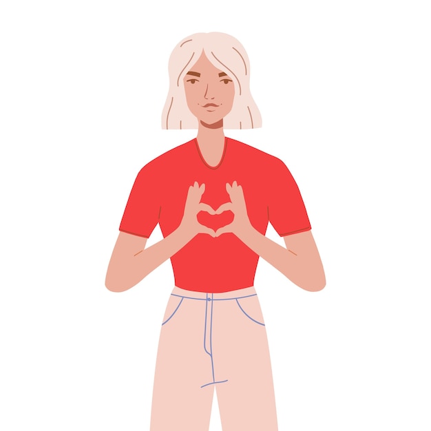 Woman showing heart with her hands. Compation and self-love concept. Young girl making hand heart symbol with her fingers that express love and acceptance. Flat cartoon drawing