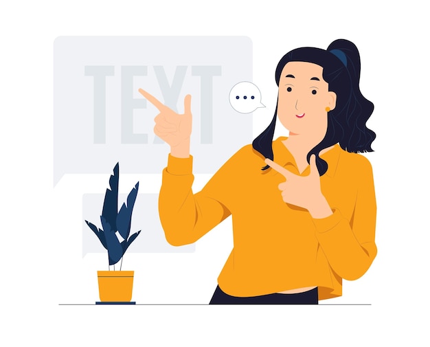 Woman showing and pointing fingers upper left and right corner with happy expression advices use this copy space wisely concept illustration