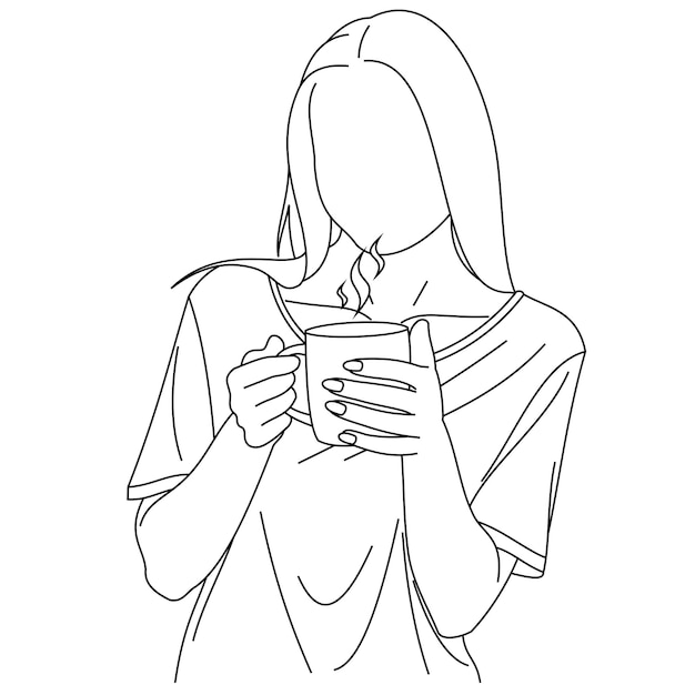 A woman sipping his morning coffee Happy female holding cup and drink coffee during breakfast