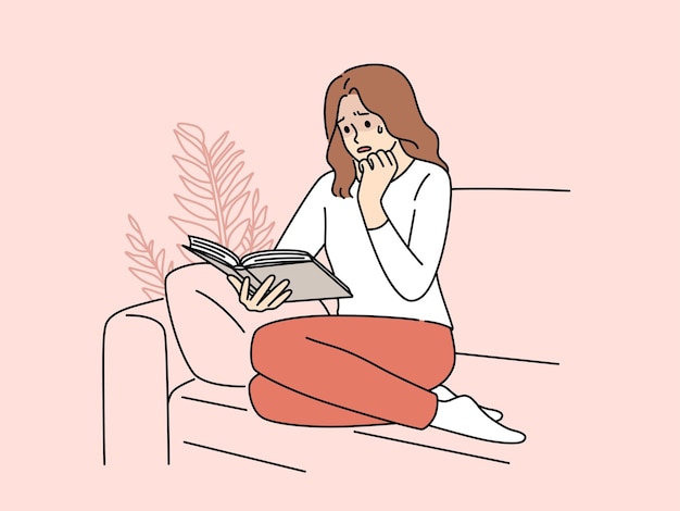 Woman sit on couch read book crying