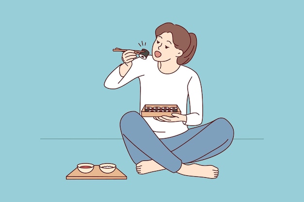 Woman sit on floor eating sushi