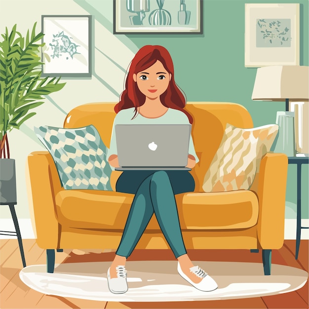 a woman sits on a couch with a laptop