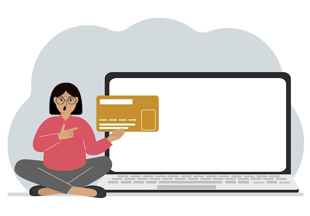 Vector a woman sits crosslegged and holds a large plastic card next to the woman is a large laptop with space for text