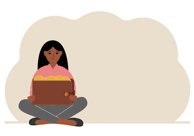 A woman sits crosslegged and holds a large purse of coins The concept of a savings wallet a successful loan golden earnings with metal money in the currency