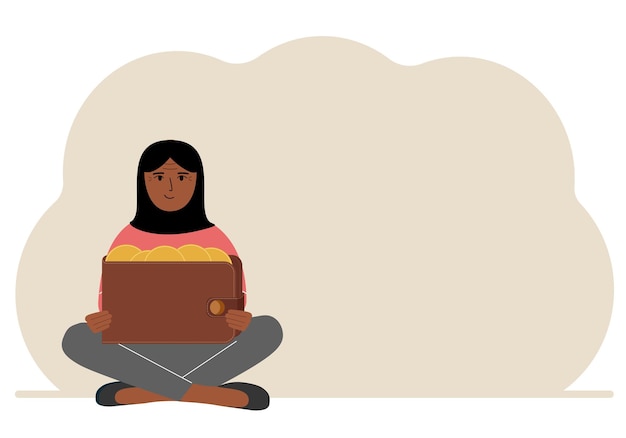 A woman sits crosslegged and holds a large purse of coins The concept of a savings wallet a successful loan golden earnings with metal money in the currency