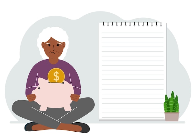 A woman sits crosslegged with a piggy bank in his hands Nearby is a large sheet of paper for planning income and expenses