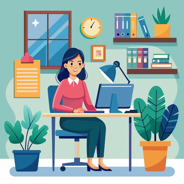 a woman sits at a desk in front of a computer and a potted plant