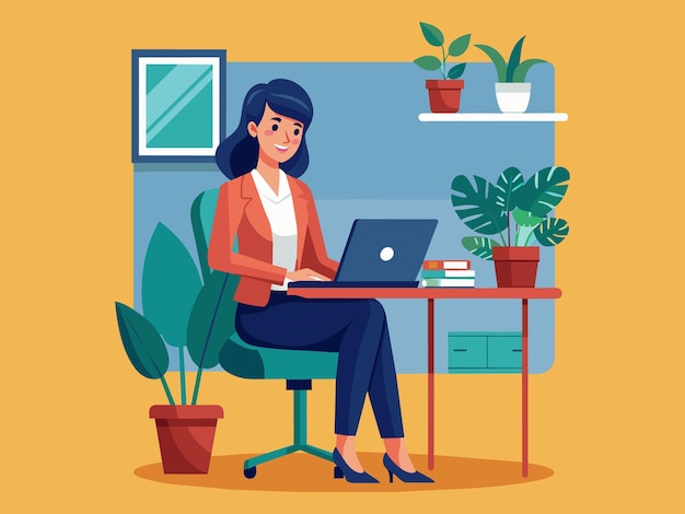 a woman sits at a desk with a laptop and a potted plant