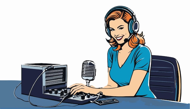 a woman sits at a desk with a microphone and a microphone