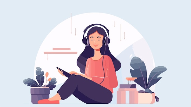 Vector a woman sits on a floor and reads a book with her headphones