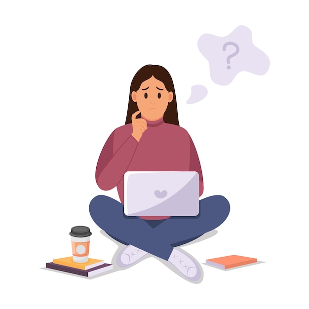 Woman sits at a laptop Flat vector illustration of freelance work at home work office education