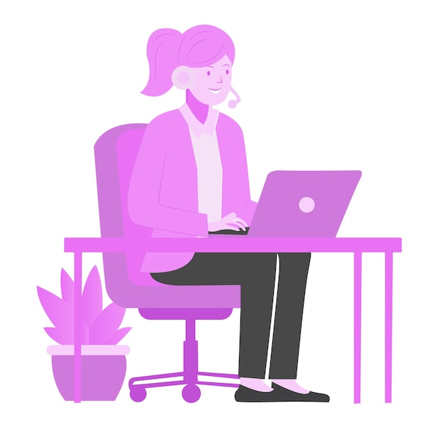 a woman sits in an office chair with a laptop and a potted plant