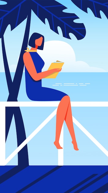 Woman Sits on Parapet. Seashore with Book in Hand.